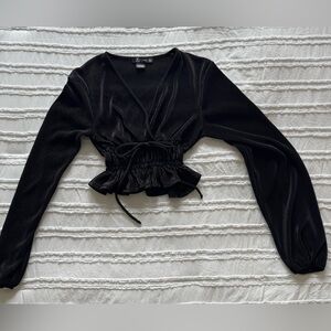 Miss Chievous Black Faux Wrap Blouse with Ruffled Tie Front